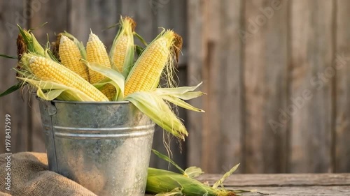 Farmer picking fresh yellow corn cobs in a metal rustic bucket. Harvested organic vegetables on wooden table. Autumn farm life concept. Rural food production for healthy eating and agriculture theme