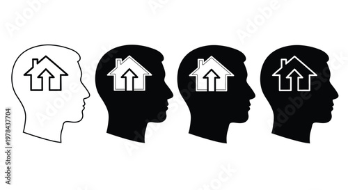 Four silhouetted head profiles each contain a house shape within representing thought or home