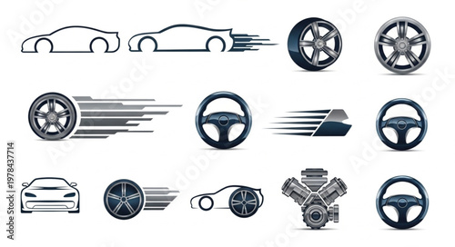 Collection of car icons and automotive elements.