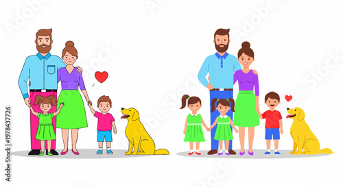 Happy family vector illustration set, parents with children and pet dog, cartoon characters of mother father daughter and son, family love concept