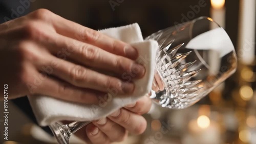 Close up of hands carefully polishing a sparkling crystal wine glass with a soft cloth for luxury hospitality concept and elegant fine dining preparation