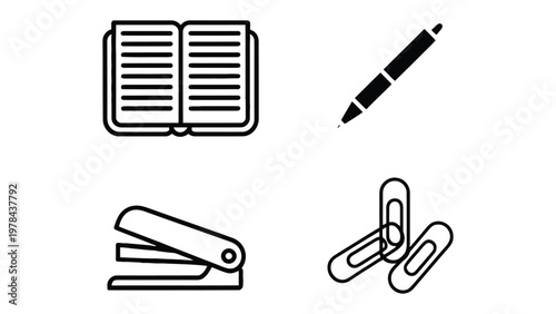 Essential Office Tools: A minimalist collection of essential office tools, including a notebook, pen, stapler, and paper clip, poised for productivity and organization. 