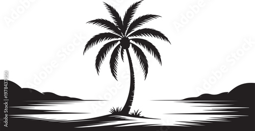 A lone palm tree standing tall on a small island surrounded by calm ocean waters