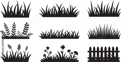 Varied garden and lawn illustrations in black and white silhouette style