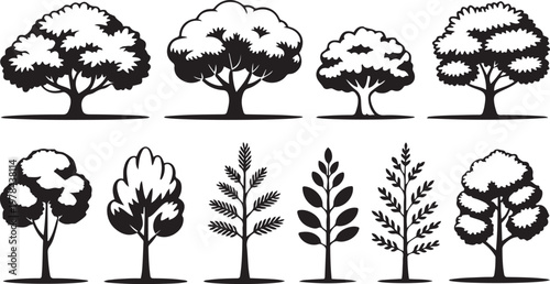 Varied illustrations of different tree types and foliage styles