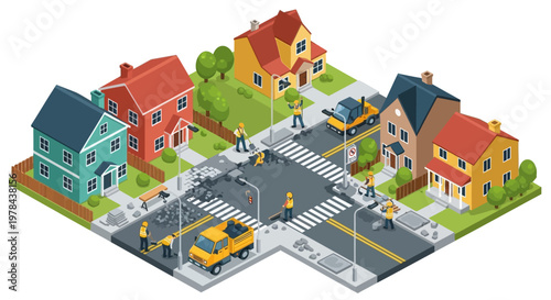 Isometric illustration of a suburban neighborhood street with houses, a school bus, and people walking on sidewalks.
