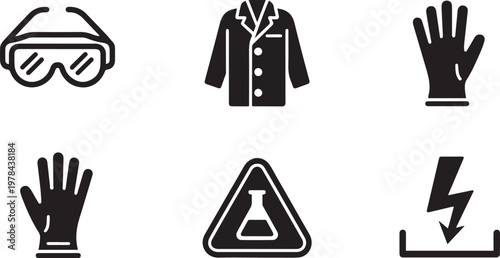 Safety icons representing laboratory and chemical handling precautions