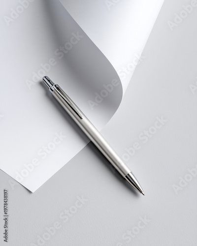 single white checklist sheet and silver pen, minimal blank paper with curled corner, professional business office stationery mockup