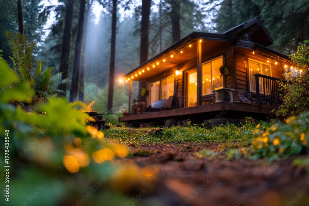 Fototapeta premium Cozy Cabin in a Secluded Forest During the Blue Hour with Warm Glowing Lights