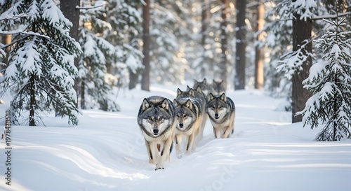 A pack of wolves trekking through a deep, snow-covered forest in winter, determined expressions, hyperrealistic wildlife, 4k.