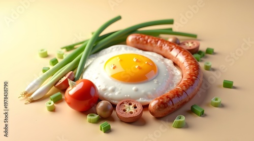 Fried Egg with Sausage and Fresh Vegetables on a Light Background for a Wholesome Breakfast