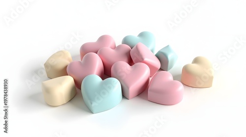 Colorful Assortment of Pastel Heart Shaped Candy on a White Background