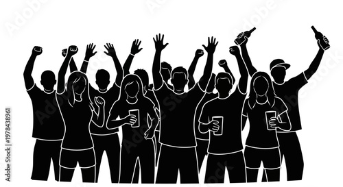 Group of people raising hands up.