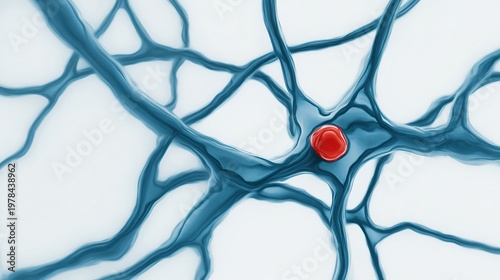 bulge. Abstract blue vascular networks with a single red bulging point, minimalist medical style. STEM education sheets, lab safety posters, designed for biotech research communications.