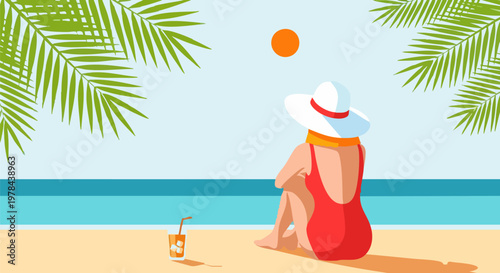 Tropical beach vacation vector illustration, woman in red swimsuit relaxing on sand, summer holiday travel background with palm leaves and ocean