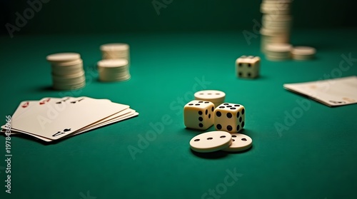 Playing Cards and Dice on a Green Casino Table with Poker Chips During a Game Night Session