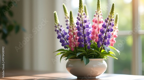 Colorful Arrangement of Lupin Flowers in White Ceramic Pot by Window with Soft Sunlight