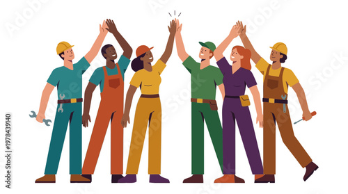 作業服を着た多様な男女が手をつないで高く掲げ、協力と喜びを表現している。