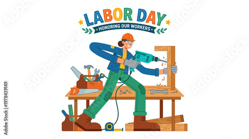 作業台で電動ドリルを使って木材を固定している男性のイラストです。