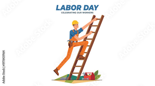 作業着を着た男性労働者が梯子を登っている様子を描いている。