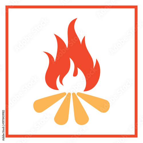 Minimalist Flat Vector Icon of Red and Orange Campfire with Logs in a Square Red Frame on White Background