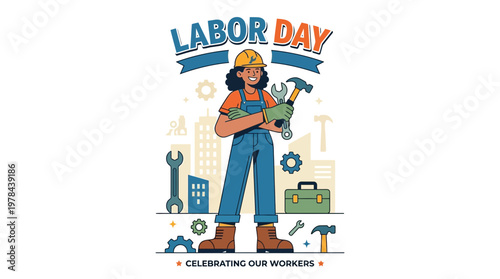 作業着を着た女性労働者がヘルメットと工具を持ち、工事現場の背景で立っているイラスト。