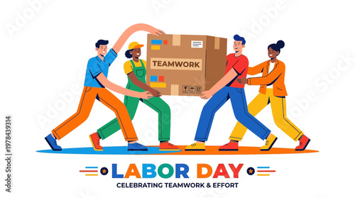 力を合わせて箱を運ぶ4人の労働者が描かれている、協力とチームワークを象徴するイラストです。