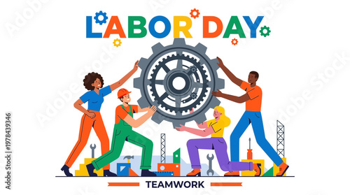 労働者がギアを持ちながら協力している様子を描いた、労働の日を祝うイラスト。