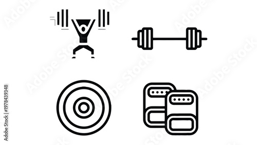 Fitness Icons Collection: A collection of simple, stylized fitness icons, including barbell, weight plate, and weightlifting. Perfect for health and wellness resources.