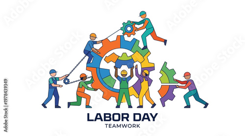 労働者が協力して歯車を動かし、労働の日を祝うイラスト。