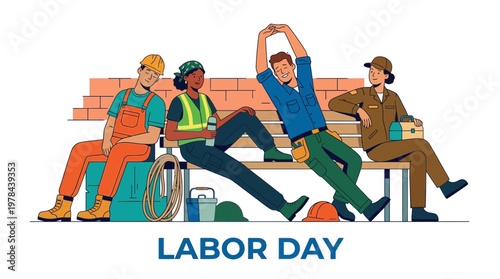 労働者が工事現場で休憩しながら笑顔で交流している様子を描いたイラストです。