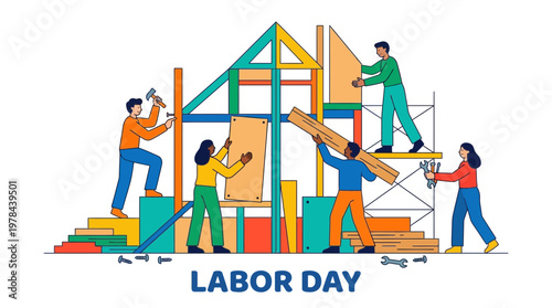 労働者が木材や工具を使い、建設現場で家の骨組みを組み立てている様子を描いているイラスト。