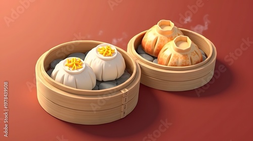 Steaming Dumplings in Bamboo Steamer on a Warm Orange Background
