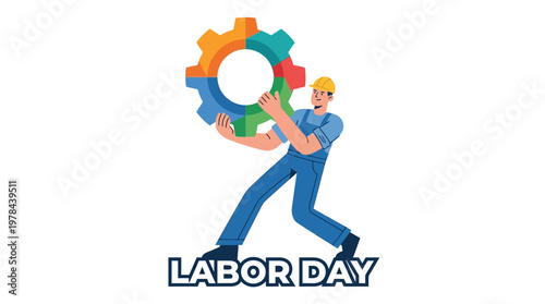 労働者が歯車を持ち上げているイラストで、「LABOR DAY」の文字が付いています。