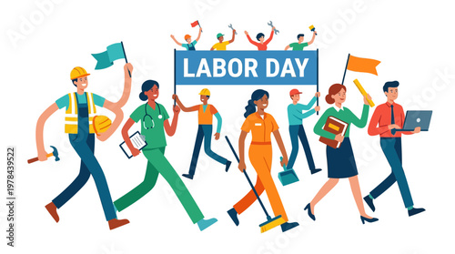 労働者たちが「LABOR DAY」の旗を持ち、祝祭やデモ行進を行っている様子を描いている。