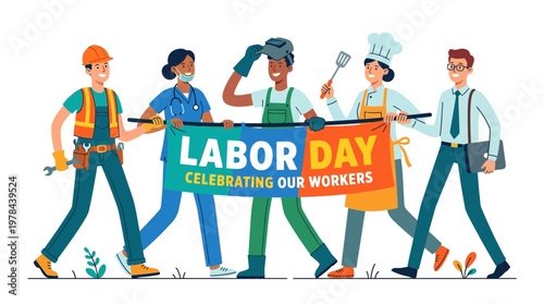 労働者たちが「Labor Day」を祝うために集まり、旗を持ちながら笑顔でポーズをとっている様子。