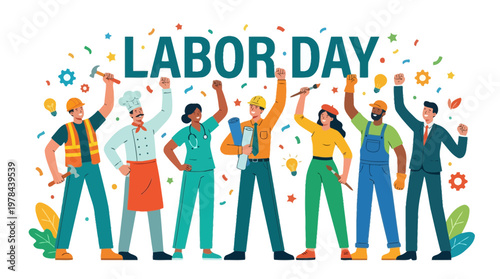 労働者たちが工事用ヘルメットをかぶり、喜びながら手を挙げているイラストです。