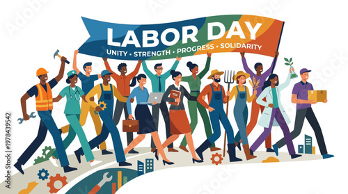 労働者たちが団結して歩きながら、労働の日を祝うためのデモや集会を行っている様子。