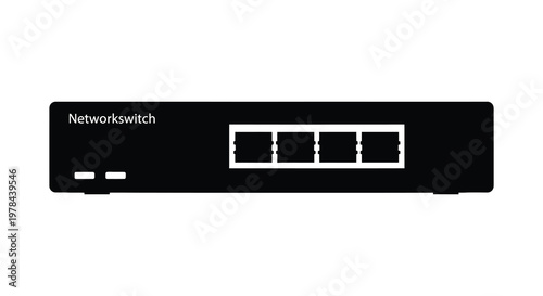 Black network switch device with ports displayed as a stark silhouette