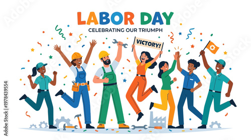 労働者たちが工事現場の制服を着て、勝利のポーズを取りながら祝っている様子。