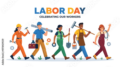 労働者たちが工事や建設作業を行いながら、労働者の日を祝うイラストです。
