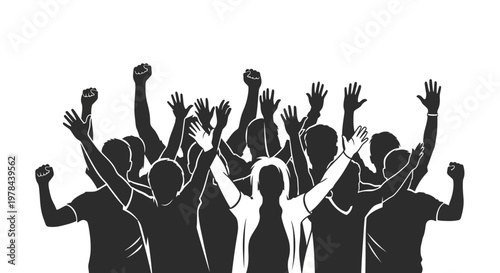 People celebrating with raised fists high.