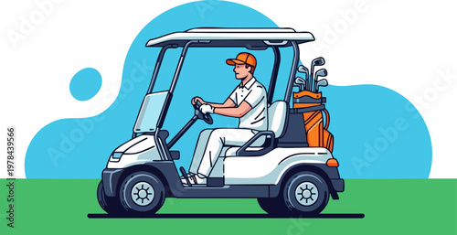 Modern golf cart vector illustration, professional golfer driving electric buggy on green course, sports equipment and golf bag flat design