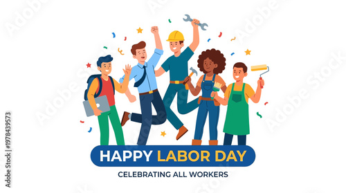 労働者たちが工事用ヘルメットをかぶり、祝福と喜びを表現しながらジャンプしているイラストです。