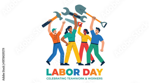 労働者たちが工具やハンマーを持ち、チームワークを象徴するポーズを取っているイラストです。