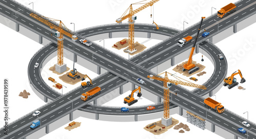 Isometric illustration of a highway interchange under construction with cranes and workers on a white background