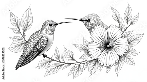 Pair of Hummingbirds Interacting with a Flower in a Detailed Black and White Illustration