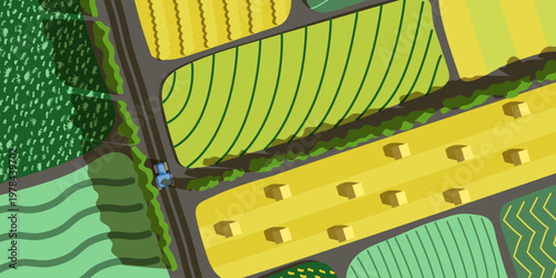 Aerial View of Agricultural Fields with Working Tractor on Farm Land Flat Vector Illustration