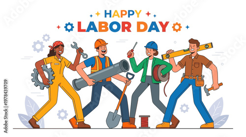 労働者たちが工具を持ち、笑顔で協力し合いながら働く様子を描いたイラストです。