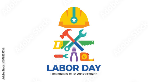 労働者のためのハードハットと工具を中心に、労働の日を祝うロゴデザイン。
